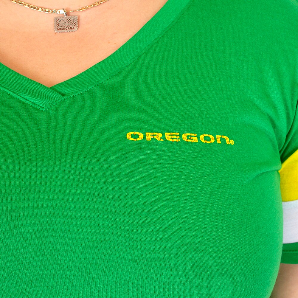 Oregon, Colosseum, Green, Crew Neck, Polyester Blend, Women, Stripe sleeve, Sparkle, T-Shirt, 927969